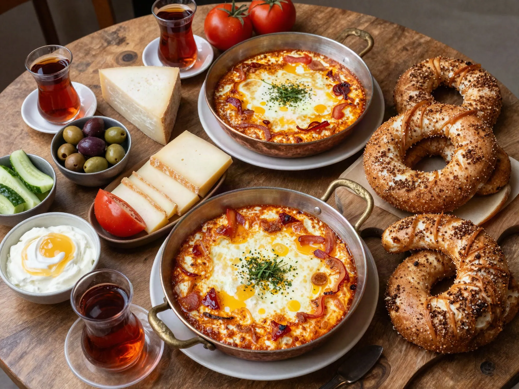 Ahşap masada sahanda yumurta, simit, peynirler, zeytin ve çaylarla serpme kahvaltı