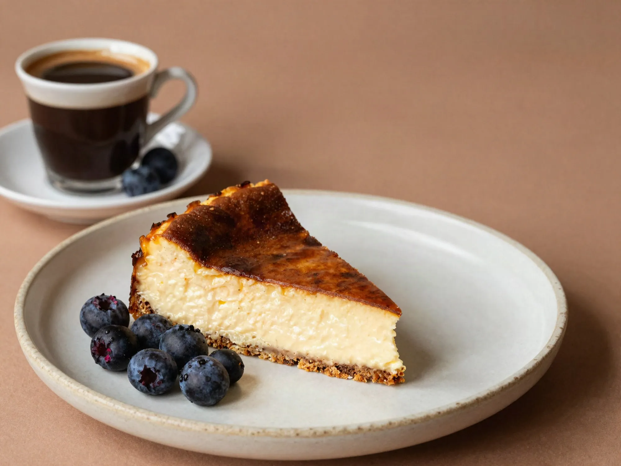 Yaban mersinleri ve bir fincan kahve eşliğinde San Sebastian cheesecake dilimi