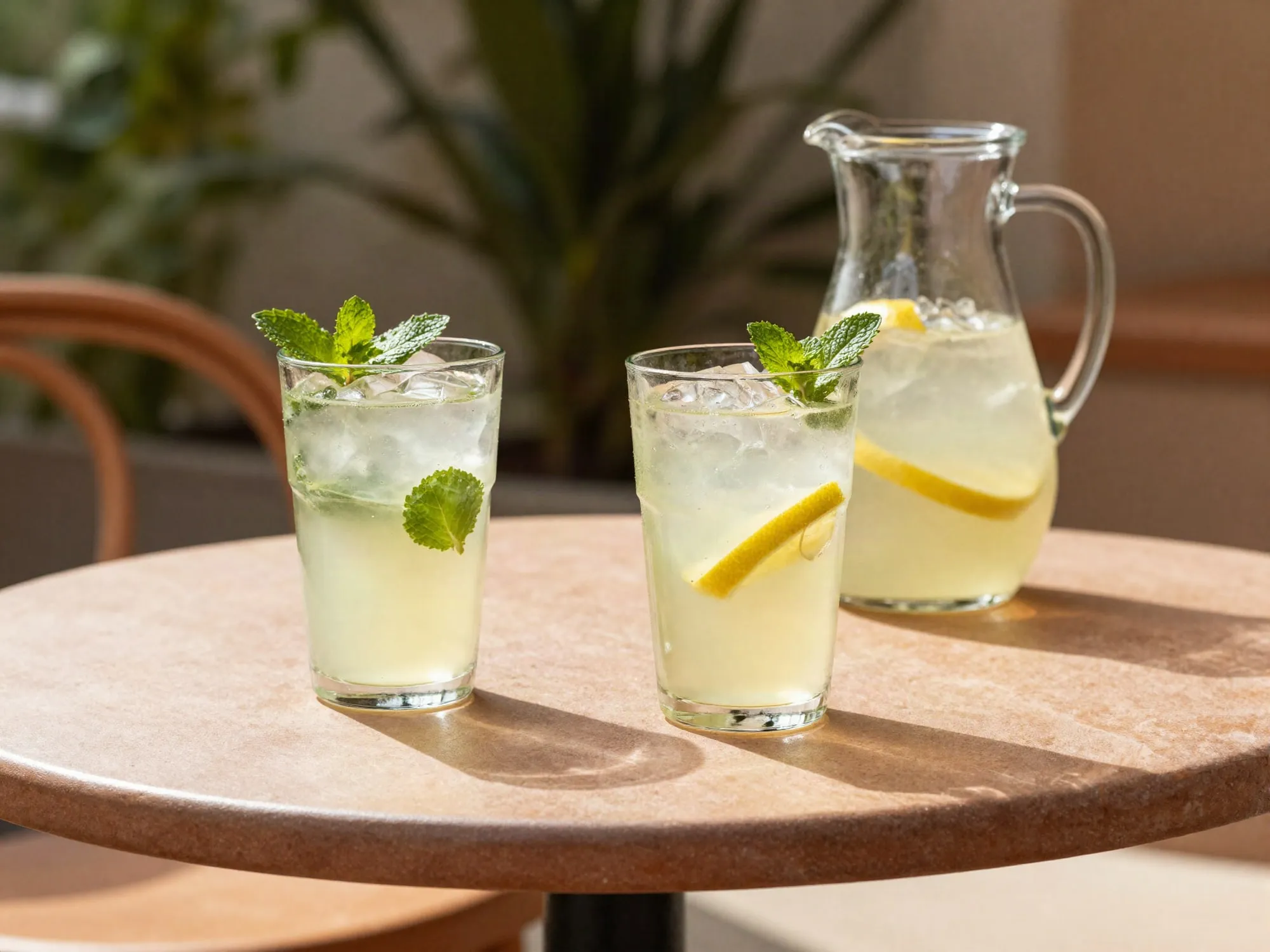 Mermer masada naneli limonata bardakları ve sürahi