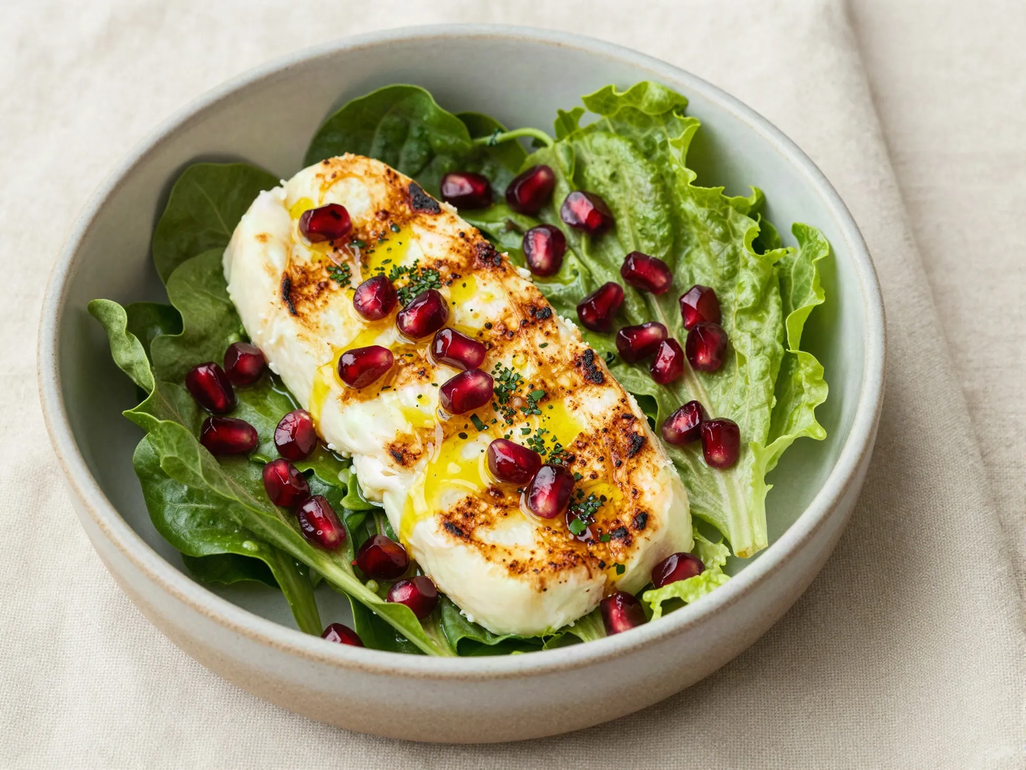 Yeşillikler üzerinde ızgara hellim ve nar taneleriyle salata kâsesi